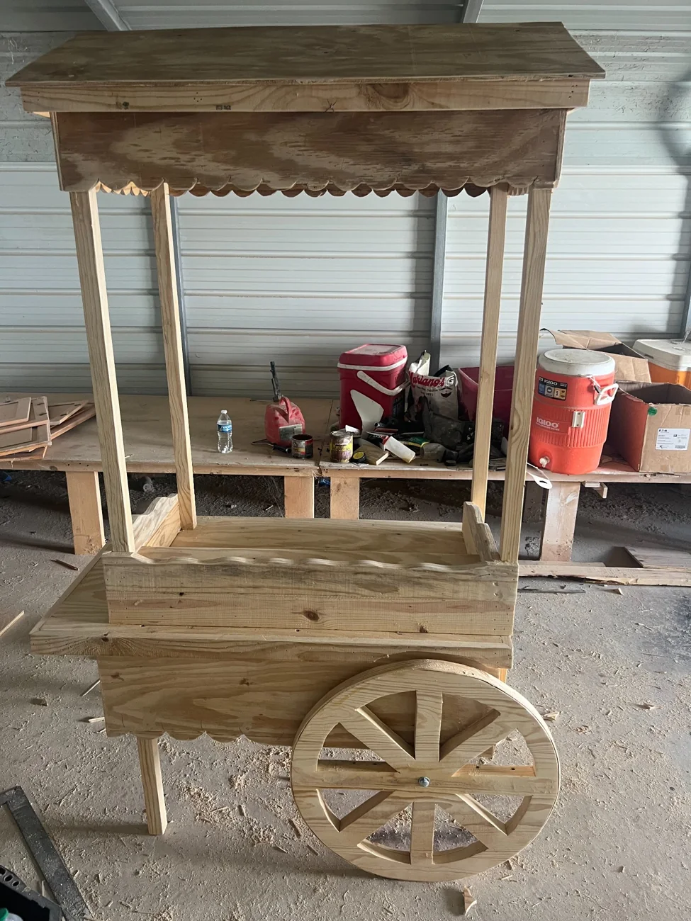 Custom wooden cart in workshop