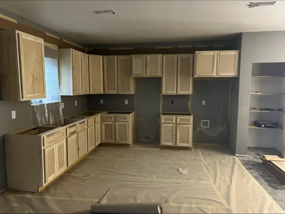 Kitchen cabinets during installation